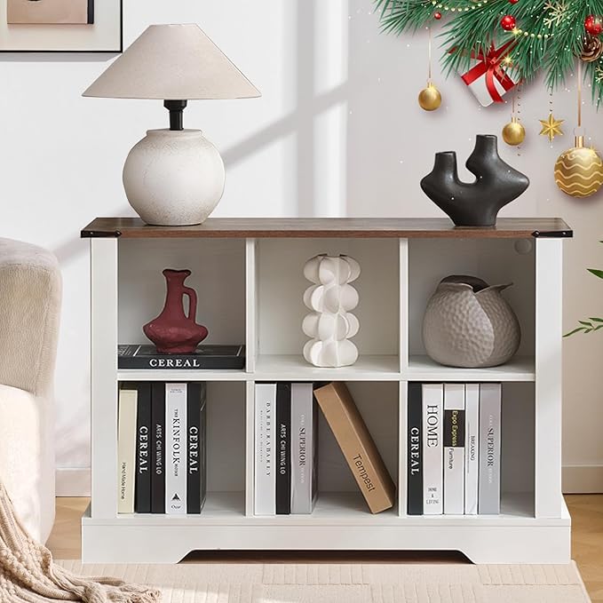 6 Cube Storage Organizer, 2 Tier Bookshelf for Living Room, Farmhouse Bookcase with Led, Kids Toy Storage Cabinet, Wall Cubby Shelves for Home Decor, Wood Display Cabinet for Bedroom, White