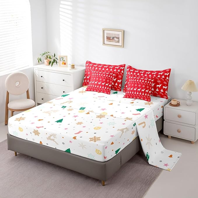 Erosebridal Christmas King Bedding Set 7 Piece,Xmas Elk Deer Bed in A Bag,Winter Snowflake Comforter Set Candy Pine Tree Sheet Set with Comforter,Red Christmas Decoration