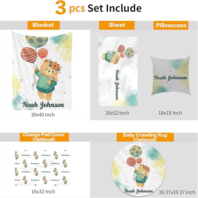 Custom Crib Bedding Set - Bear Design Personalized Name Baby Nursery Bedding 3 Pcs Set - Chic Soft Blanket, Sheet, Pillowcase for Newborns Boys Girls Gifts Color01