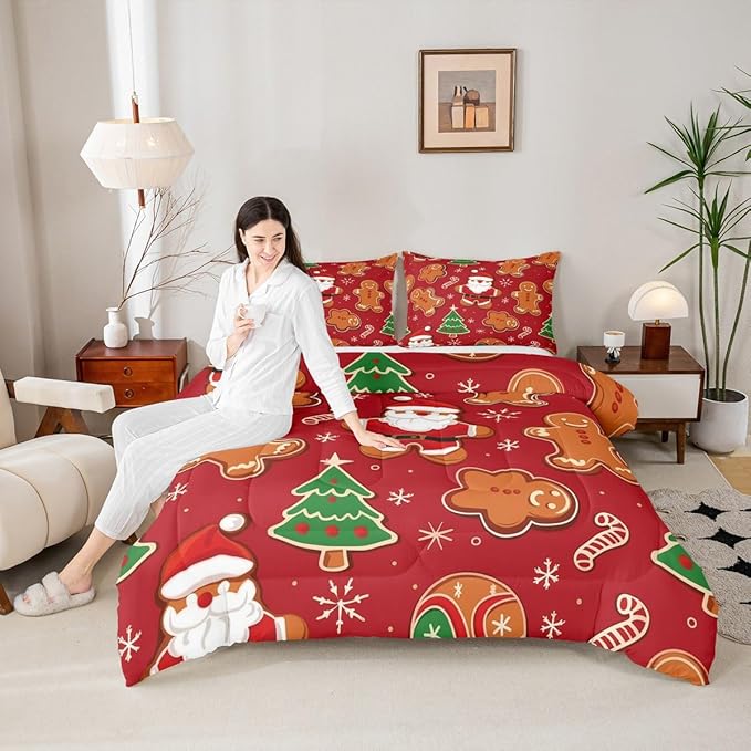 Feelyou Christmas Kids Comforter Set Toddler Size Santa Bedding Set Gingerbread Man Duvet Quilt for Kids Boys Girls Bedroom Xmas Tree Snowflake Decor Microfiber Ultra Soft Breathable