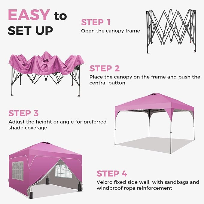 GDY 12x12FT Pop Up Canopy Tent with One Push Setup, Easy to Install with 4-Sidewalls for Events, Parties, Camping, Outdoor Gazebo with 4-Sandbags, Pink.