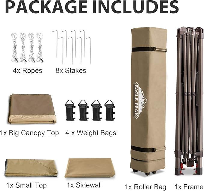 EAGLE PEAK 13x13 Pop up Canopy Tent w/One Wall, Instant Canopy Easy Set up Folding Shelter w/One Privacy Curtain, 169 Square Feet Sun Shade, Beige