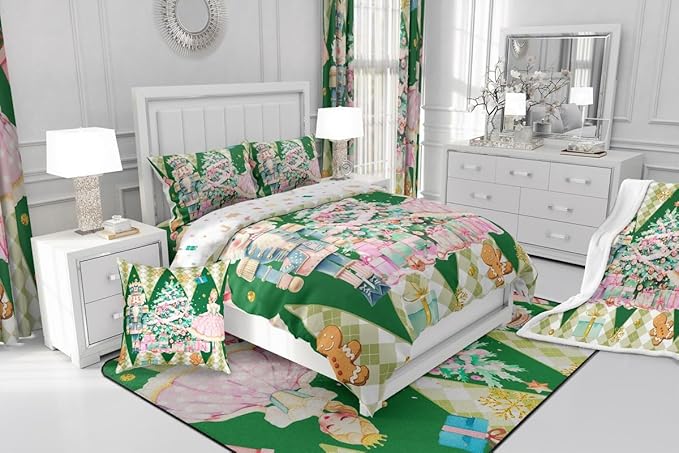 jejeloiu Christmas Nutcracker Comforter Set Toddler Size Gingerbread Man Bedding Set for Kids Boys Girls Xmas Tree Duvet Quilt Green Bedroom Decor