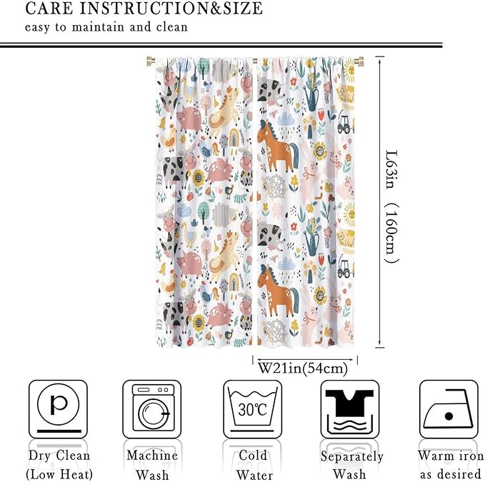 Farm Animal Curtains for Kids, Cartoon Cute Wild Animal Window Treatments Woodland Farmhouse Cow Horse Pig Window Drapes for Girls Boys Nursery Toddler Bedroom 42x63in