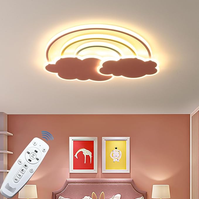 Dimmable LED Flush Mount Ceiling Light Fixture with Remote Control, 19.7Inch 36W Pink Cloud Rainbow Modern Ceiling Lamp for Girl Room Baby Kids Room Bedroom Nursery Dining Room Kitchen
