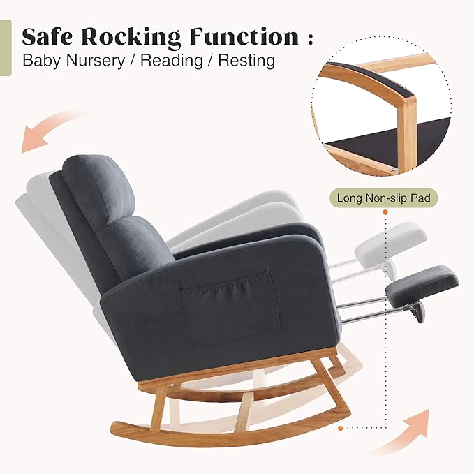Rocking Chair Nursery, Nursing Rocking Chairs with Foot Rest for Mom Nursery, Rocker Glider Chair with Footrest and High Backrest for Living Room, Bedroom, Dark Gray
