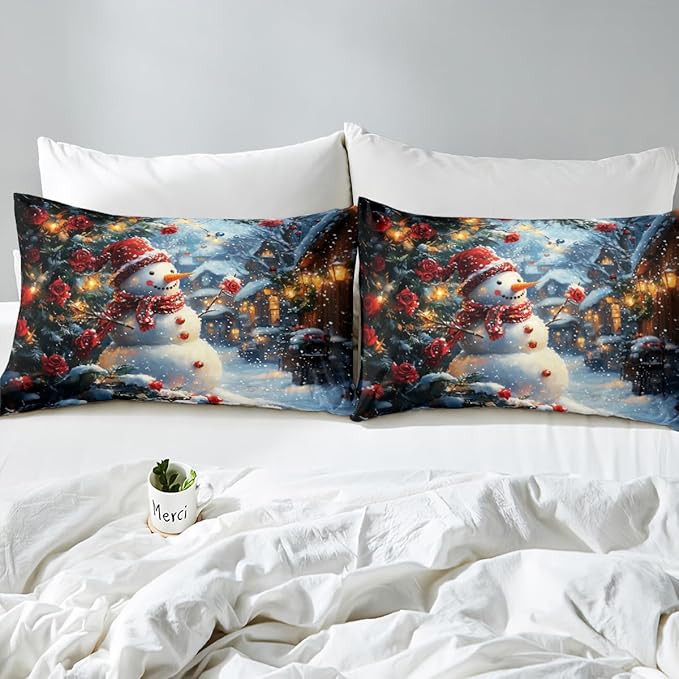 Manfei Christmas Kids Duvet Cover Set Twin Size, Cute Snowman Red Flower Bedding Set for Boys Girls Adults, New Year Winter Comforter Cover, Soft Polyester Quilt Cover, 1 Pillowcase, No Comforter