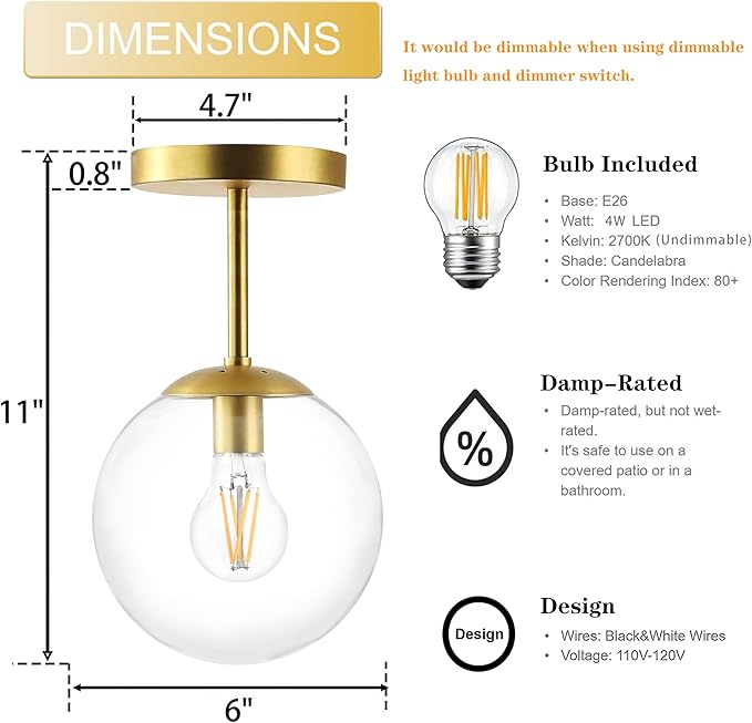 KoKo&Yukina Mid Century Modern Globe Semi Flush Mount Ceiling Light Fixture Clear Glass with Gold Brass Finish Globe Ceiling Light for Aisle Porch Stairway Closet Kitchen Laundry Room(Bulb Incl.)