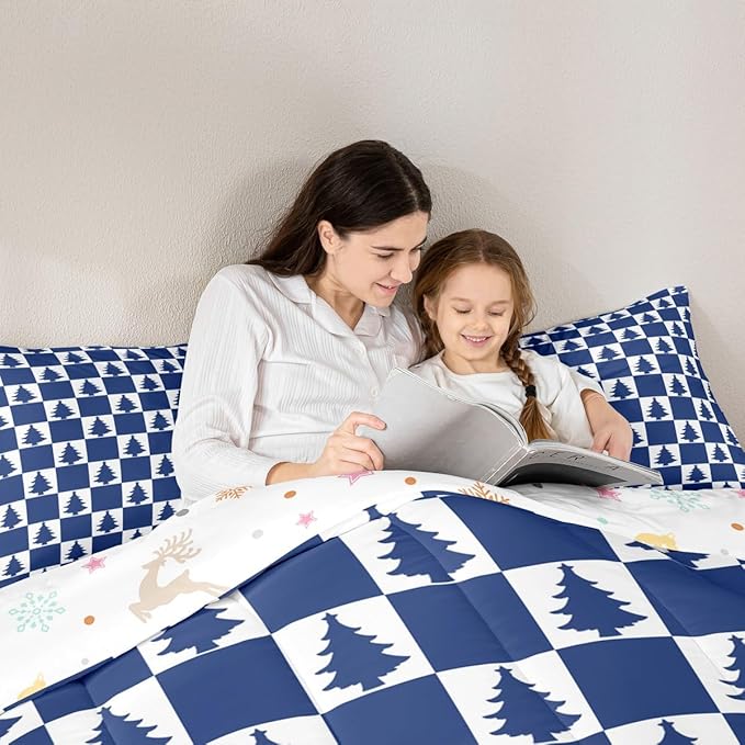 Feelyou Christmas Kids Comforter Set Toddler Size Checkered Bedding Set Christmas Tree Duvet Quilt for Kids Boys Girls Bedroom Xmas Decorations Decor Blue Microfiber Ultra Soft Breathable