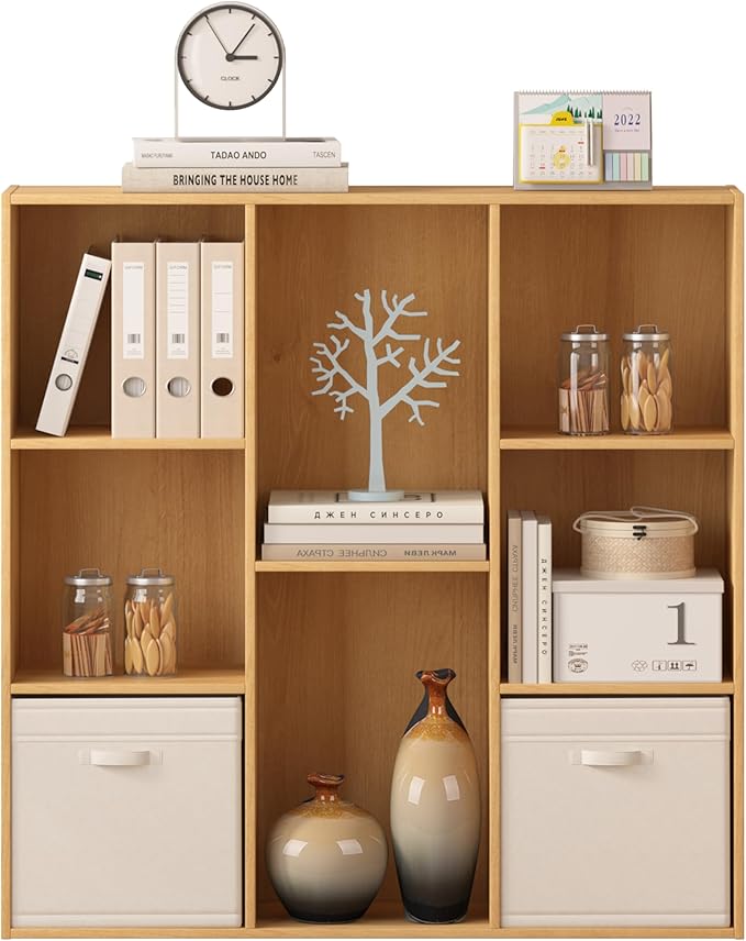 8 Cube Storage Organizer Bookshelf, Closed Back Display Bookcase, Cubby Shelf for Home Office, Living Room, Bedroom, Kids Room, Large Capacity Toy Storage, 35.98" L x 9.45" W x 35.91"H, Natural Wood