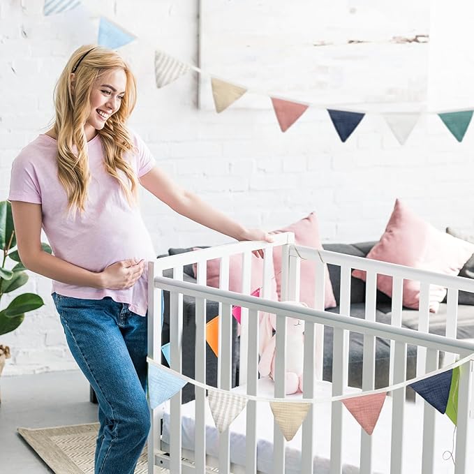 Oudain 15.5 ft Pennant Banner Flags, 2 Pcs Nursery Garland Triangle Bunting Flag Baby Banner for Nursery Decor Baby Birthday Boho Wedding Shower Party Event, Each 7.75 ft(Elegant Color)