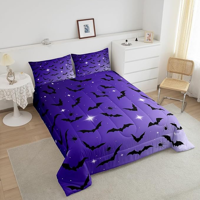 Erosebridal Bat Comforter Set Twin Size for Kids Galaxy Glitter Bedding Set with 1 Pillow Case Happy Halloween Quilt Gothic Spooky Down Comforter Purple and Black