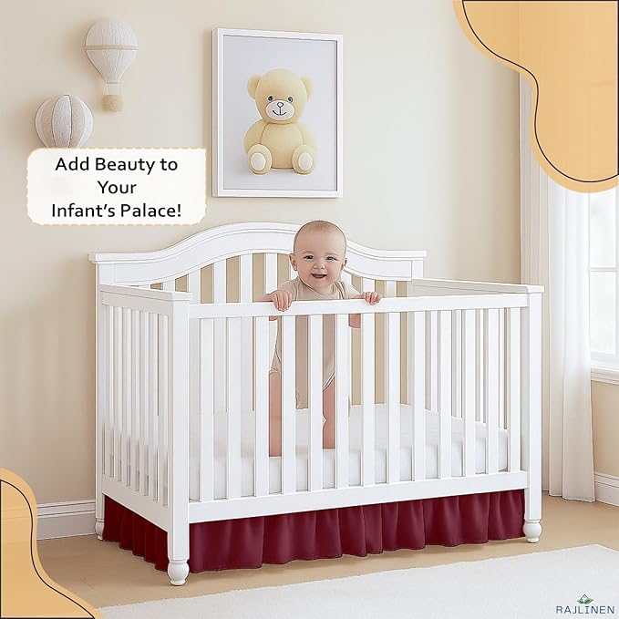 Rajlinen Ruffled Crib Bed Skirt, Microfiber, Dust Ruffle with Split Corners, 14" Drop, Nursery Toddler Bedding for Baby Boys or Girls, Burgundy