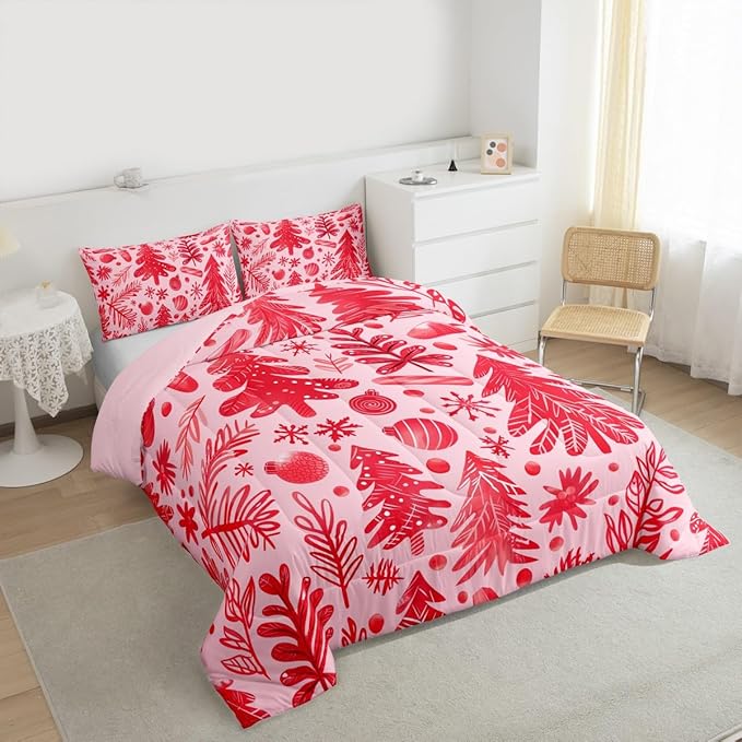 Feelyou Christmas Kids Comforter Set Queen Size Snowflake Candy Bedding Set Xmas Tree Duvet Quilt for Kids Boys Girls Bedroom Pine Tree Decor Microfiber Ultra Soft Breathable