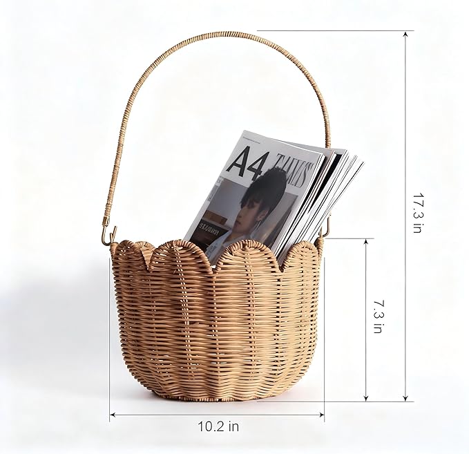 Scalloped Edge Round Basket with Handle, Super Sturdy Wicker Storage Baskets, Hand Woven Basket for Shelves,Natural Baskets for Organizing (Brown Rattan, 10.2"*10.2"*7.3")