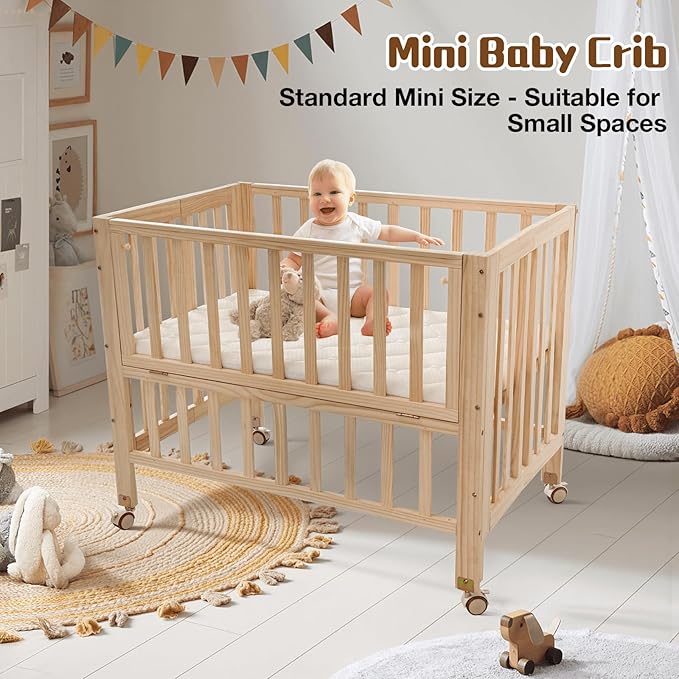 Portable Mini Baby Crib - Pine Wood Foldable 4-in-1 Baby Crib with Mattress,Portable Bedside Bassinet Sleeper,3 Adjustable-Height Baby Cribs for 0-18 Months,Unpainted