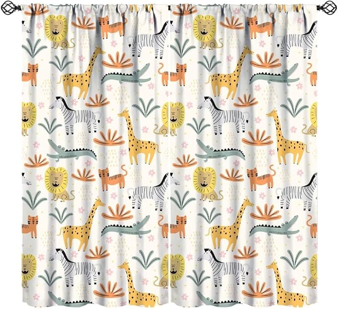 Wild Animals Curtains, Cute Cartoon Animals Zoo with Lion Zebra Crocodile Cat and Giraffe Tropical Jungle Plant Print Window Treatments for Kids Boys Girls Bedroom Living Room 63x72in