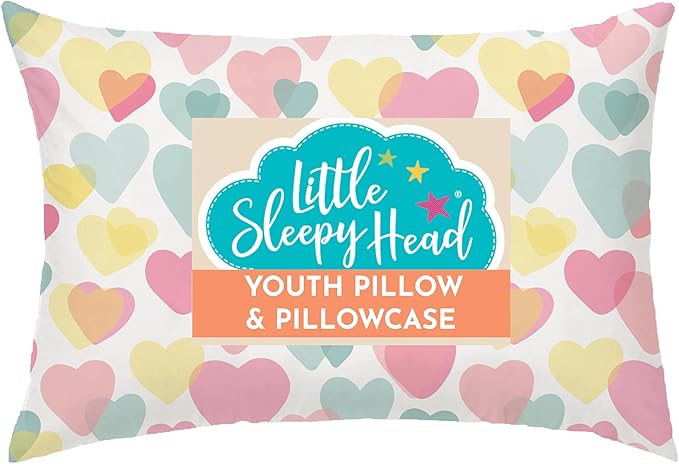 Little Sleepy Head Youth Pillow with Pillowcase 16x22, Soft Jumbo Toddler Pillows, Hypoallergenic Pillow Case - Best Kids Pillows for Sleeping, Perfect Kids Travel Pillows (Hearts)