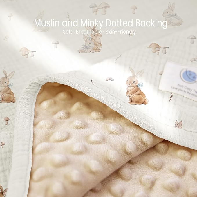 lulumoon Baby Blankets for Newborn Unisex: Thermal Minky Dotted Backing with Bunny Print - Muslin Receiving Blanket for Baby Essential & Registry Gift 30"x40"(Bunny)