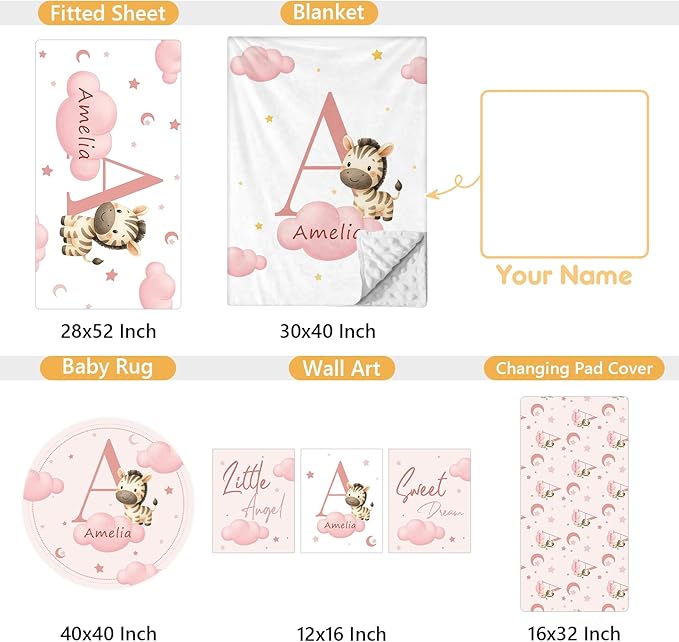 Personalized Baby Crib Bedding Set, 5 Pcs Custom Name Nursery Bedding Set, Pink Zebra Baby Bedding Set for Girls Boys, Double Layer Crib Sets, Customized Gifts for Infants Toddlers New Parents