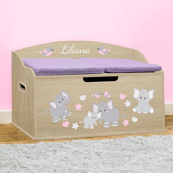 DIBSIES Personalized Creative Wonders Toy Box, Pink Elephants, 30 x 19.25 x 18 inches, Soft-Close Lid (Natural)