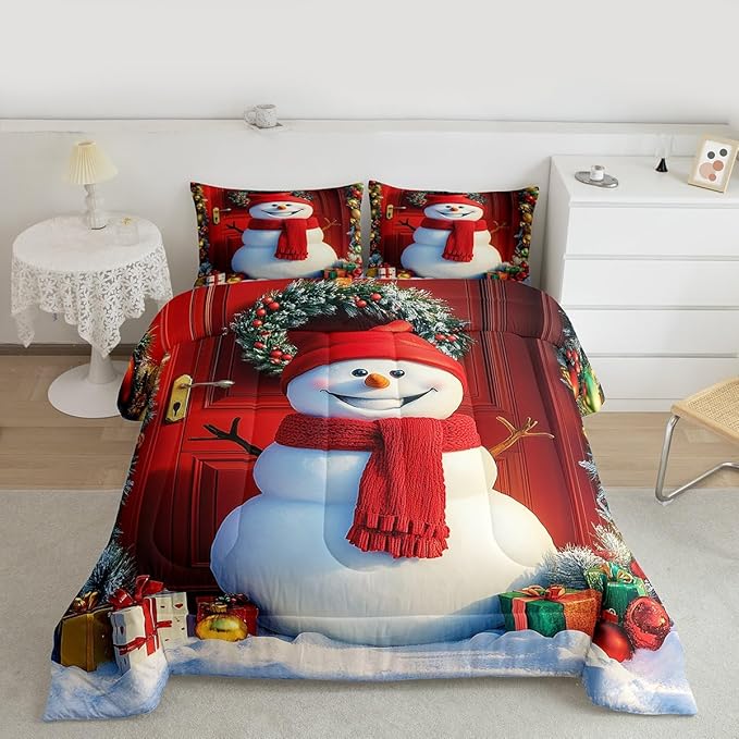Feelyou Merry Christmas Kids Comforter Set Full Size Cute Snowman Bedding Set Duvet Quilt for Kids Boys Girls Bedroom Snowflake Decor Microfiber Ultra Soft Breathable