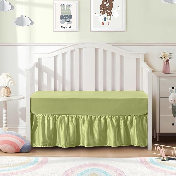 SiinvdaBZX 2-Piece Set Satin Crib Sheets & Crib Bed Skirt, 52" x 28" Silky Soft Ruffled Baby Crib Skirt with Adjustable Elastic 14" Drop, Fit for Standard Crib & Toddler Bedding (Sage Green)