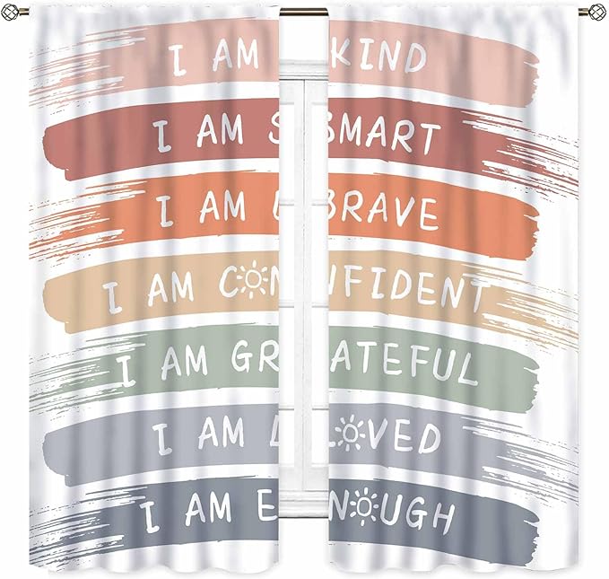 Rainbow Curtains for Classroom, Kids Girls Baby Boho Cute Inspirational Motivational Quotes Cartoon Colorful Pastel Nursery Classroom Bedroom Living Room Bathroom Window Drapes 2 Panels, 63"x72" Inch