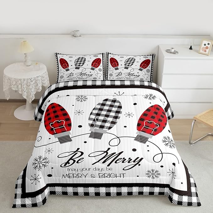Merry Christmas Kids Comforter Set Full Size,Geometric Grids Stylish Bedding,Girls Boys Adults Bedroom/Xmas Cabin Decor,Snowflake Bells Down Comforter,Rustic Farmhouse Duvet Insert,2 Pillowcases
