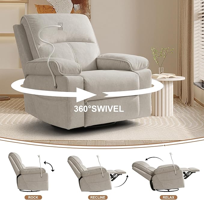 Nursing Rocking Chair for Breastfeeding, Swivel Rocker Nursery Glider Recliner with Adjustable and Removable Phone Holder for Living Room,Nursery Room, Baby Essentials,Beige