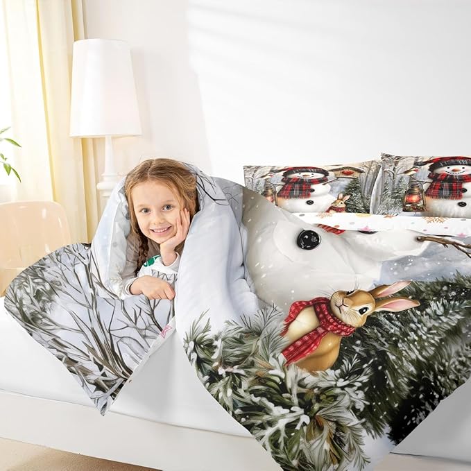 Kawaii Snowman Comforter Set Full Size,Rabbit Bird Winter Poinsettia Kids Bedding Set,Pine Tree Xmas Animal Snowflake Quilt Comforter,Gray Green Duvet Insert,2 Pillowcases