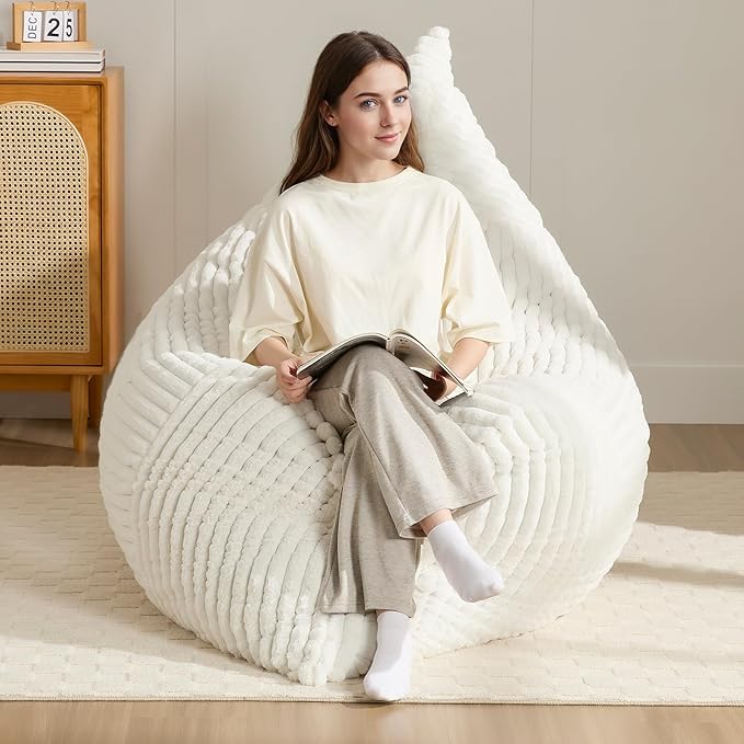3-in-1 Giant Bean Bag Chair for Adults & Kids, Convertible Floor Sofa to Mattress, High-Density Foam Chair Bed with Washable Cover, Multi Functional Lounge Couch for Bedroom, Living Room (Beige)