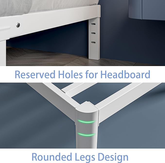 White Full Size Bed Frame 16 Inch, Metal Full Bed Frame No Box Spring Needed, Heavy Duty Steel Support 3500 LBS, DIY Headboard, Noiseless, Round Corner Legs, Storage Space, Easy Assembly