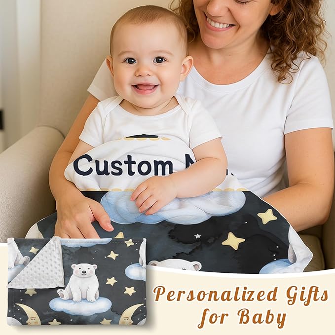 Custom Baby Blanket with Name, Double Layer Soft Dot Back Personalized Baby Blanket for Boys Girls, Polar Bear Blanket for Newborn Toddler, Customized Swaddle for Kids Birthday Gifts(47" x60)
