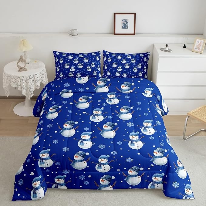 jejeloiu Kids Cute Winter Snowman Comforter Set Full Size Blue Christmas Theme Bedding Set for Boys Girls Teens Xmas Snowflake Happy New Year Duvet Quilt Room Decor