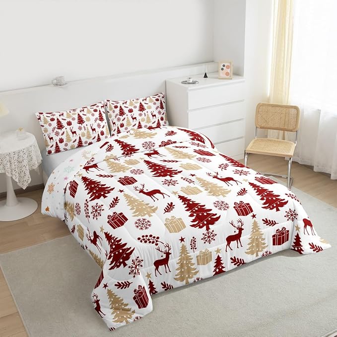Feelyou Christmas Comforter Set All Season Xmas Tree Bedding Set with 1 Pillow Cases Reindeer Microfiber Kids Twin Bedclothes Snowflake Gift Bedroom Decor Duvet Quilt Breathable Soft Lightweight