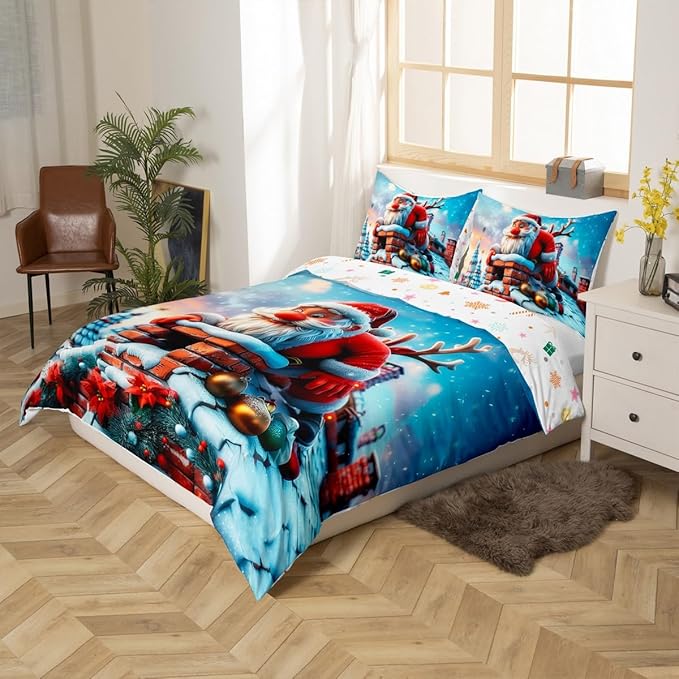 Cute Santa Claus Duvet Cover Set King Size,Winter Snow Cabin Rustic Farmhouse Bedding Set,Boys Girls Room Decor,Xmas Tree Merry Christmas Comforter Cover,White Quilt Cover,2 Pillowcases,No Comforter