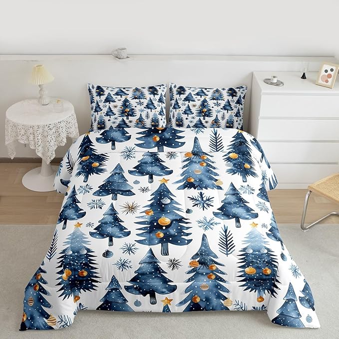 Feelyou Christmas Kids Comforter Set King Size Xmas Tree Bedding Set Snowflake Duvet Quilt for Kids Boys Girls Bedroom Watercolor Blue Decor Microfiber Ultra Soft Breathable