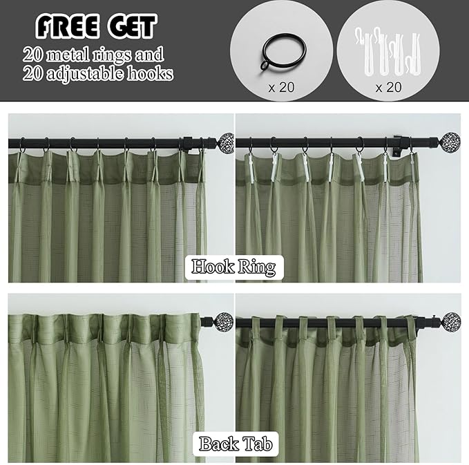 Sage Green Linen Look Pinch Pleated Sheer Curtains 108 Inches Long 2 Panels, 50 Inches Width, Rustic Textured Light Filtering Drapes, Elegant Floor to Ceiling Window Curtain with Hooks