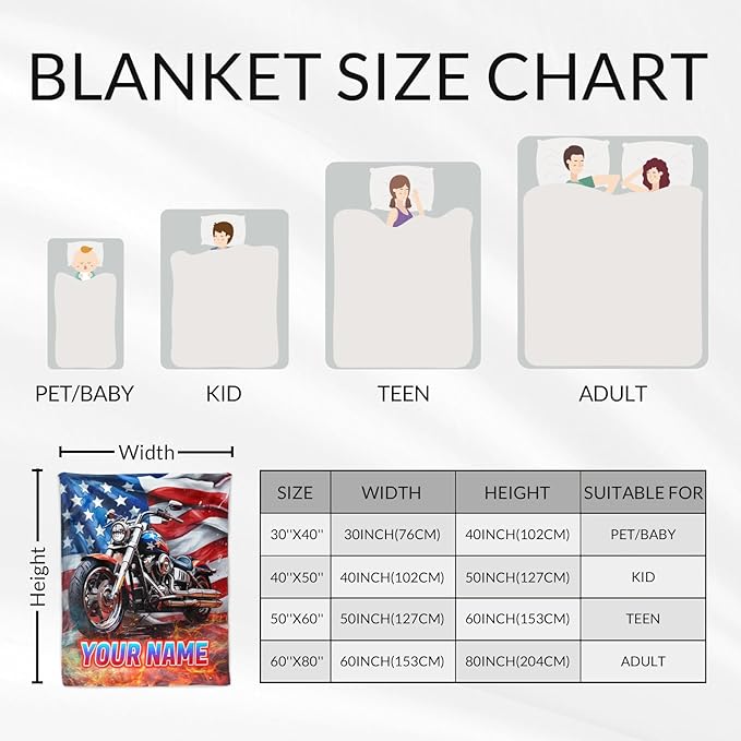 Personalized Throw Blanket Gift for Motorcycle Lovers - 30" x 40" Inches Furry Boys Blankets with Name - Fuzzy Throws for Sofa, Office