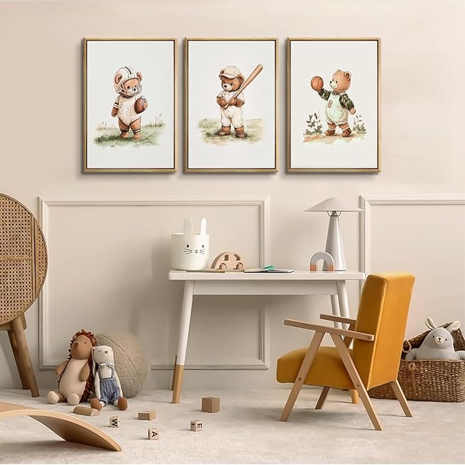 3Pcs Nursery Teddy Bear Canvas Wall Art Vintage Sports Bear Wall Decor Sports Boys'Room Artwork Prints Basketball Football Baseball Painting Pictures for Children's Room Boys' Room (16x24in poster)