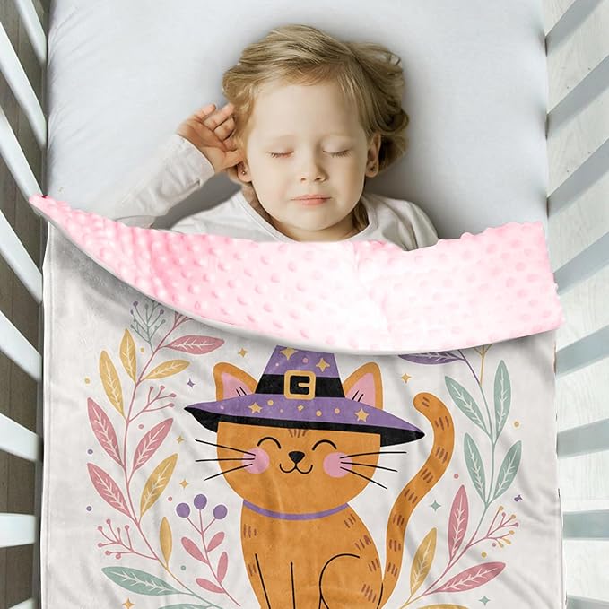 Personalized Halloween Blanket for Baby Girls, Custom Baby Blanket with Name, Cat Design Soft Minky Dot Blanket, Halloween Decor Christmas Birthday Gifts for Kids Toddlers