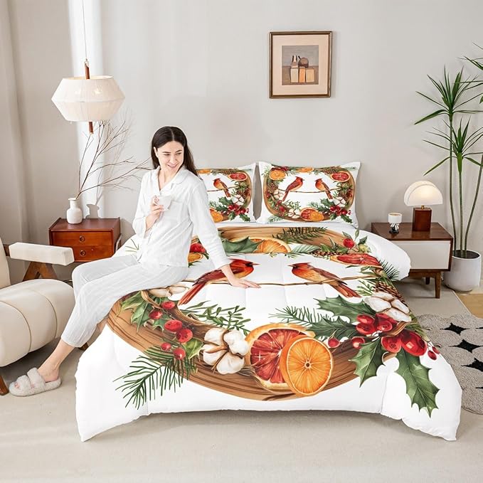 jejeloiu Kids Red Cardinal Comforter Set Queen Size Christmas Theme Bedding Set for Boys Girls Teens Xmas Birds Animal Lemon Winter Wood Duvet Quilt Room Decor
