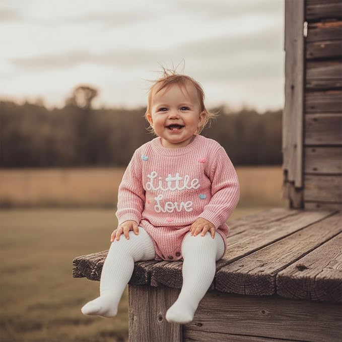 Lesimsam Newborn Baby Boy Girl Valentines Day Outfit Oversized Embroidery Long Sleeve Knit Sweater Bubble Romper Bodysuit