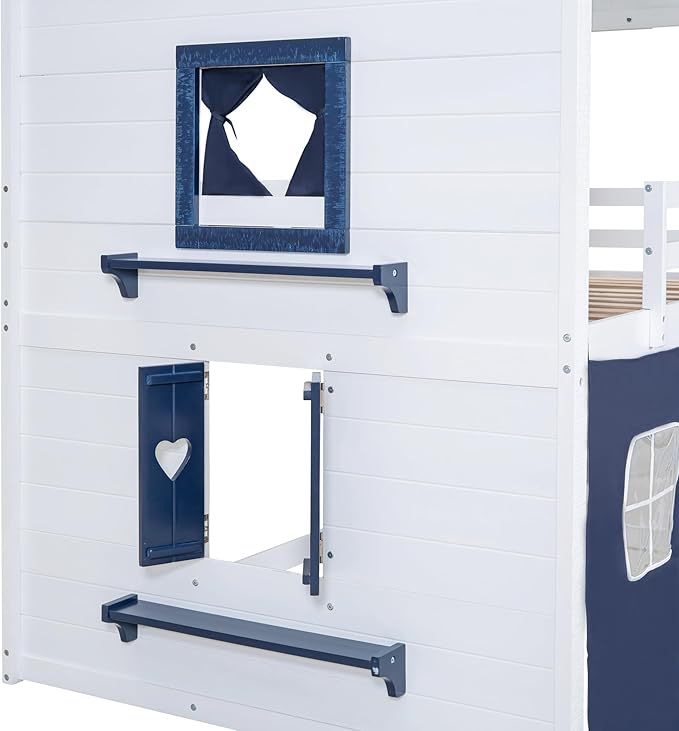 Twin Size House Bunk Bed with Elegant Windows and Sills, Solid Wood Tent Bed Frame with Guardrails for Kids Teens Boys Girls, Versatile Spacious Under Bed Space with Curtains (White+Blue T)