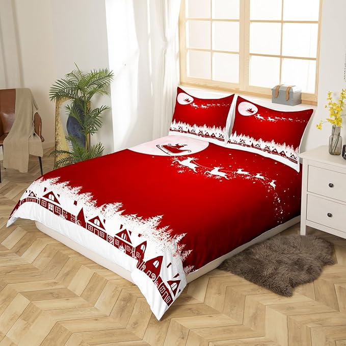 New Year Red Duvet Cover Set Full Size, Reindeer Santa Claus Comforter Cover Christmas Day Bedding Set 3pcs for Kids Boys Girls Room Decor Winter Theme Quilt Cover with 2 Pillowcases,No Comforter