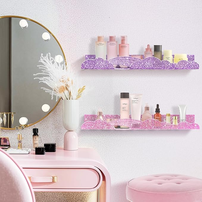 Rainbow Glitter Acrylic Floating Shelves, 15.7" Wall Mounted Nursery Bookshelves, Display Ledge for Books Toy Cosmetic Storage, Bathroom Bedroom Living Room Wall Organizer, 4 Pack, Pink Purple