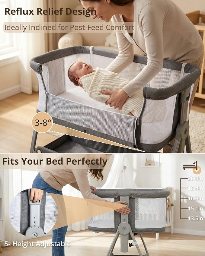3 in 1 Baby Bassinet Bedside Sleeper with Mattress and Wheels, 5 Height Adjustable Bed Side Bassinets for Newborn, Gray Rocking Bassinet for Baby