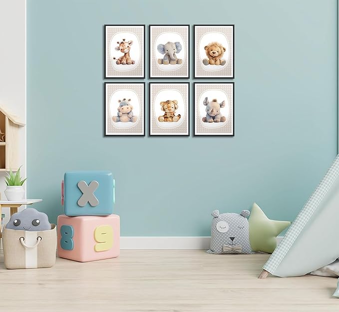 6pcs Nursery Animal Canvas Wall Art Safari Elephant Giraffe Posters Prints Kids Boy Wall Decor Pictures for Baby Boy Girl Toddler Kids Room Decorate Unframed