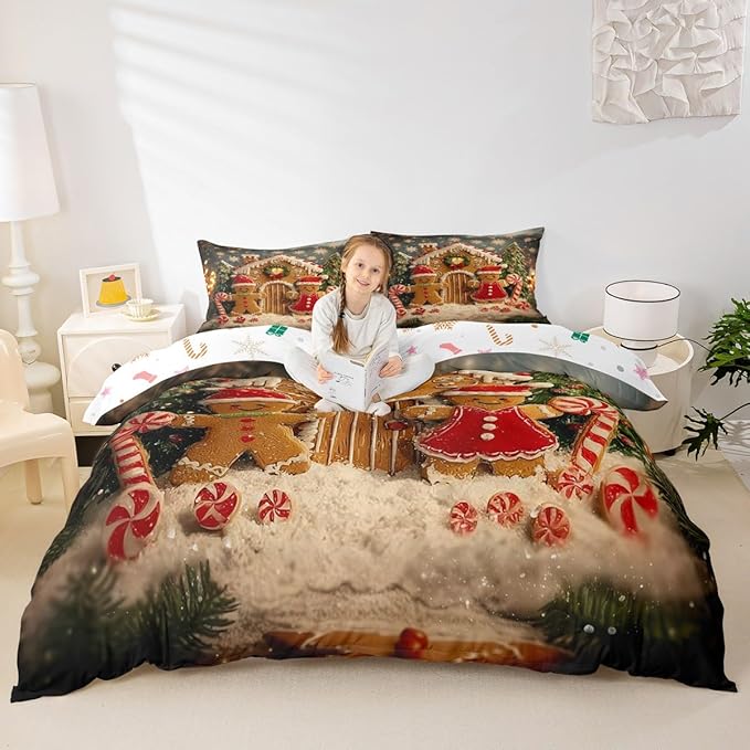 Feelyou Cute Gingerbread Man Duvet Cover Queen Size Cartoon Christmas Bedding Set for Boys Girls New Year Holiday Comforter Cover Reversible Xmas Decor Bedroom Decor 3Pcs